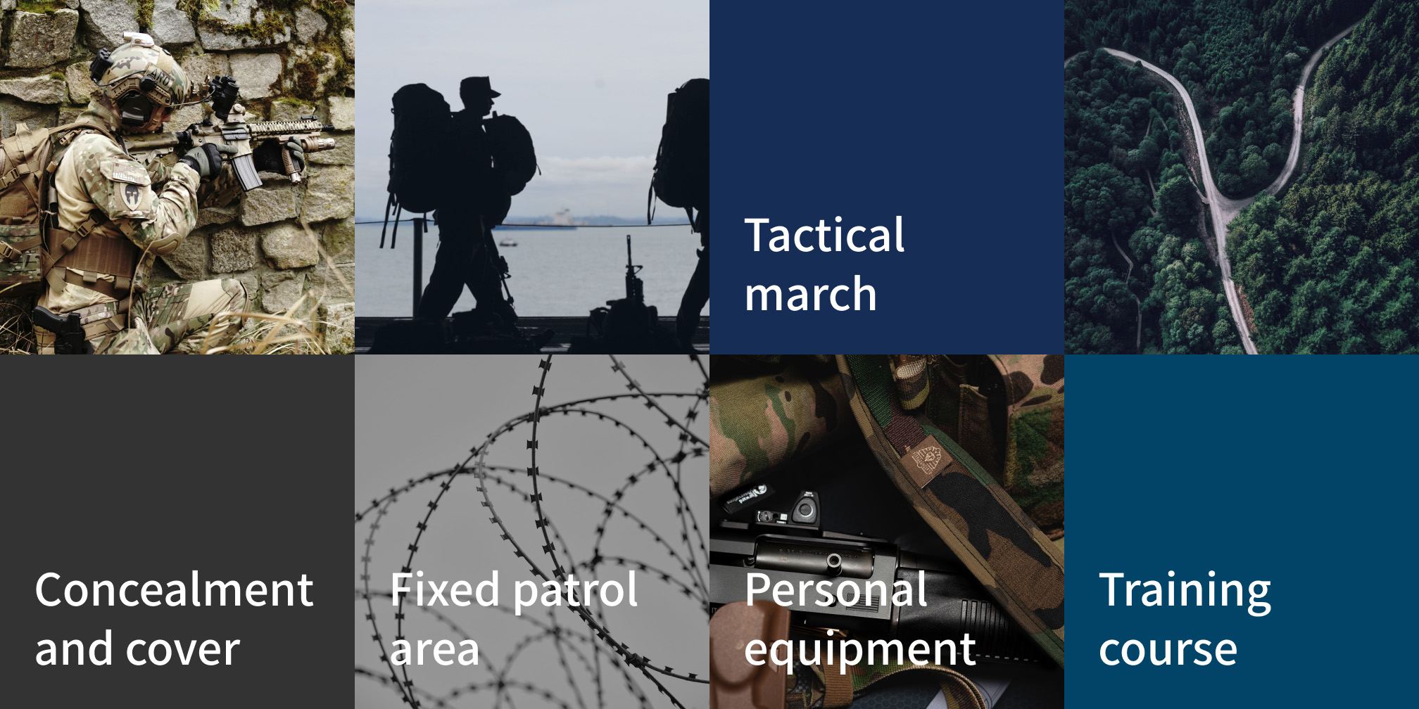 Tactical march / Concealment and cover / Training course / Fixed patrol area / Personal equipment